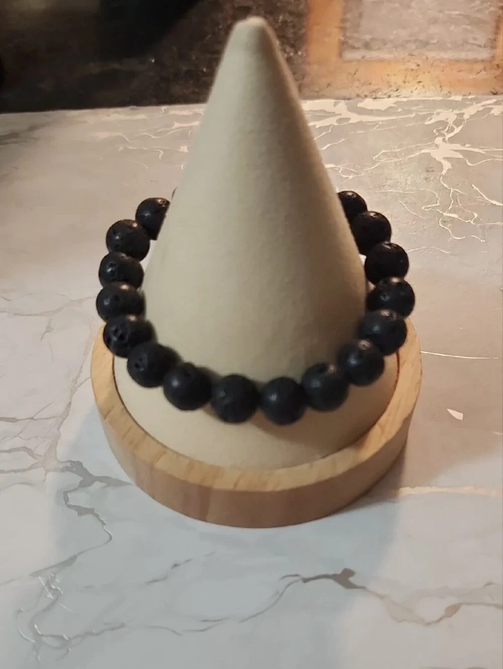 Handcrafted Mens Black Lava Beaded Stretch Bracelet